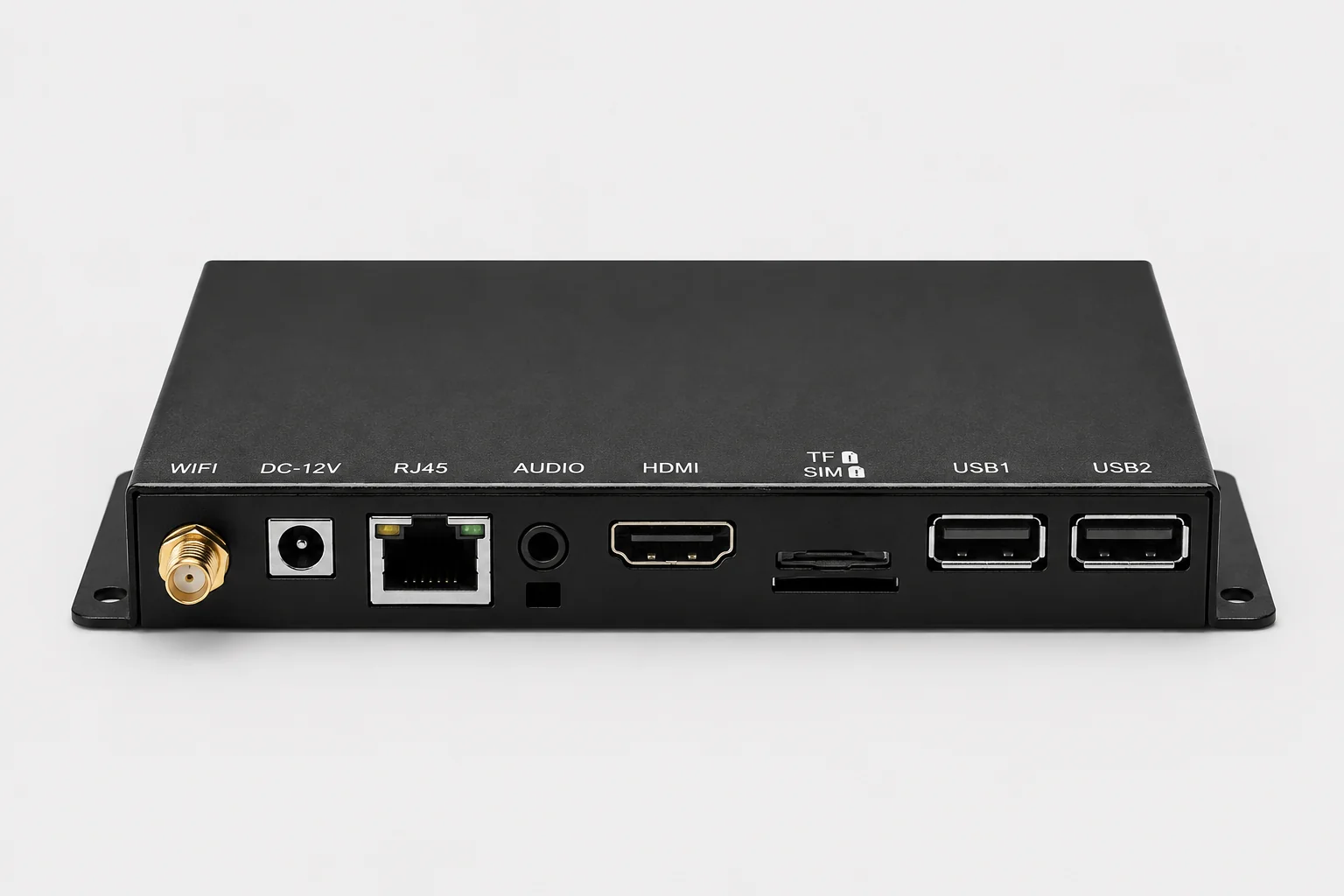 Placa NERP CORE A566 vista de frente, con los puertos WiFi, DC 12 V, RJ45, audio, HDMI, TF/SIM y USB